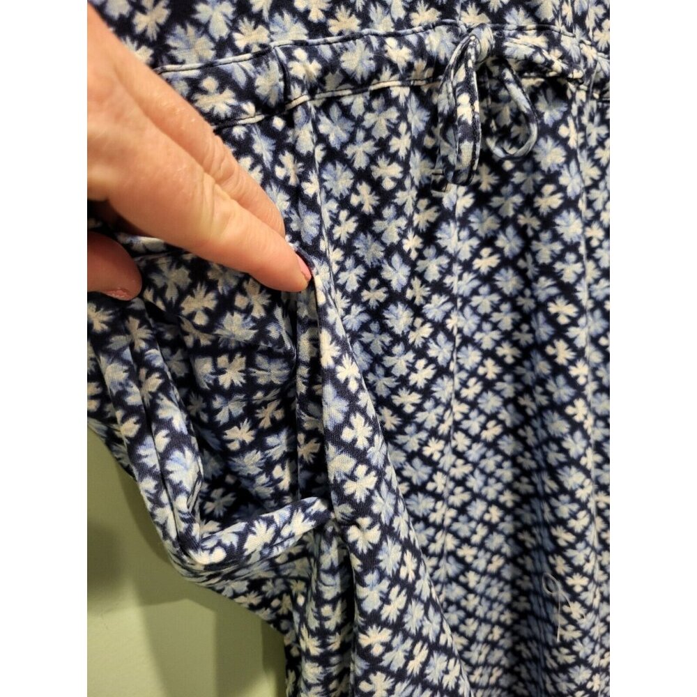 New Lands End Blue Print 3/4 Sleeve 1/4 Button Tie Waist Dress Sz M Pockets - Picture 6 of 9